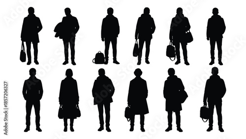 Diverse group of people in full body poses a striking black silhouette