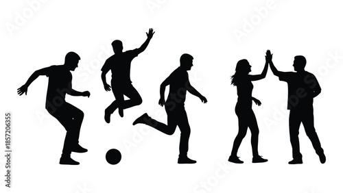 Dynamic group of people in motion captured as a striking black silhouette