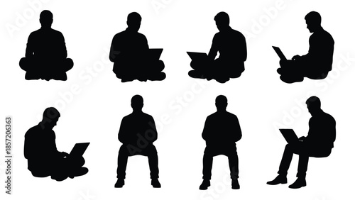 Diverse group of people in various seated positions a striking black silhouette