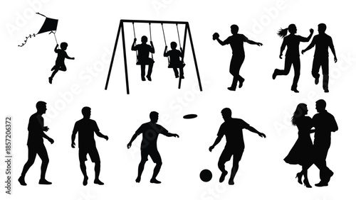 A collection of playful figures enjoying outdoor activities in black silhouette