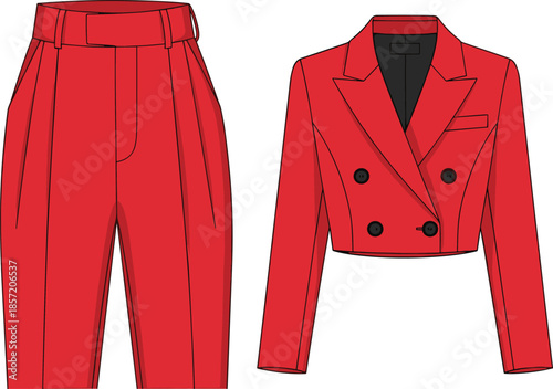 Red tailored fashion outfit vector illustration, stylish cropped blazer with pleated high-waisted trousers, modern formal clothing design, elegant garment construction inspiration