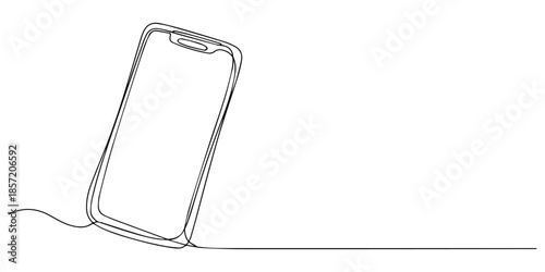 Mobile phone in one line art style. Drawing of a smartphone with an editable black stroke on a white background. Vector illustration, Minimalist vector illustration of a smartphone with wifi and sign.