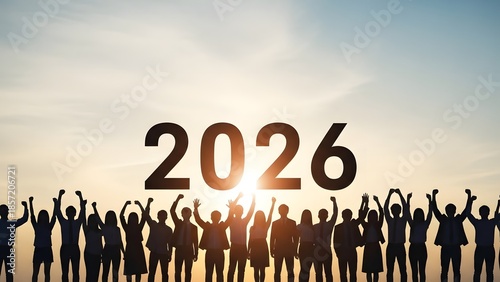 Silhouette of a Diverse Group of People Celebrating the Arrival of the Year 2026.