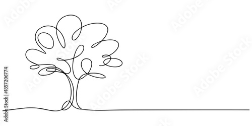 one continuous line drawing of a minimalist tree modern botanical illustration, Continuous one line drawing green tree fertile on white background, trees for decorating gardens, park, forest. Agricult