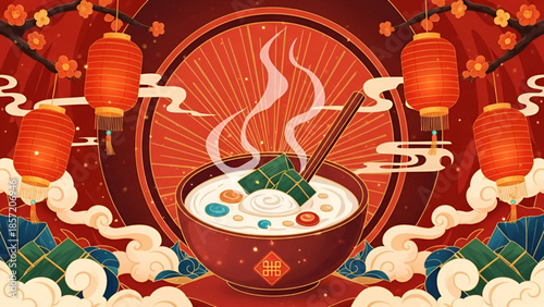Capital traditional chinese laba festival illustration showing steaming ceremonial porridge bowl with red lantern decoration clouds and cultural celebration artwork background for winter tradition 