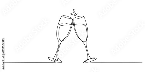 Two clinking champagne glasses one line design. Creative sparkling wine glass, continuous lines vector banner. Design for party, Wedding party cheers. Minimalist new year celebration vector concept.