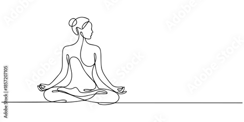 Woman sitting in lotus pose yoga. Continuous one line drawing. one line Icon drawing with white background, Drawing of a woman sitting in lotus pose and meditating in one line art style. Yoga vector.