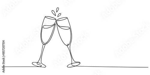 Two clinking champagne glasses one line design. Creative sparkling wine glass, continuous lines vector banner. Design for party, Wedding party cheers. Minimalist new year celebration vector concept.