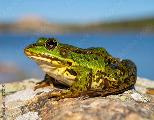 Green frog sits on a mottled rock with a blurred lake and hill in the background