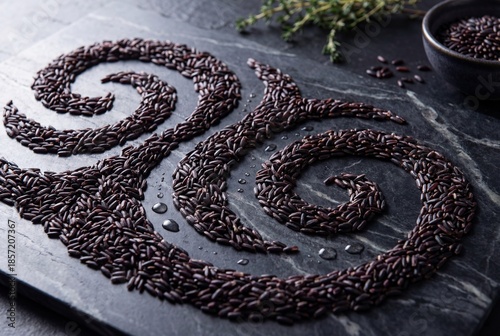 Raw black rice grains arranged in artistic spiral patterns on a dark stone surface with water drops