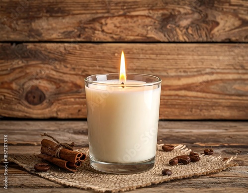 Lit candle with cinnamon sticks and beans on wooden surface