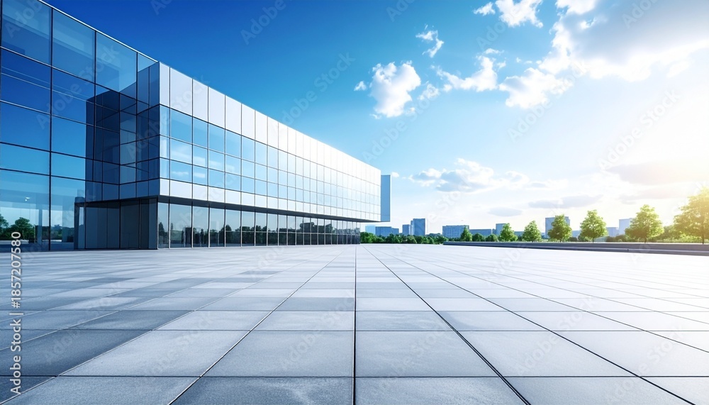Fototapeta premium Modern glass building exterior with outdoor patio and bright sunny sky