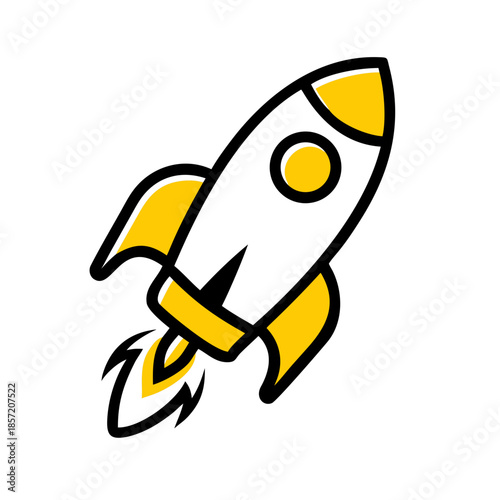A dynamic vector illustration of a white and yellow rocket ship soaring upward, complete with motion lines and fire. This bold, high-contrast graphic symbolizes rapid growth, innovation