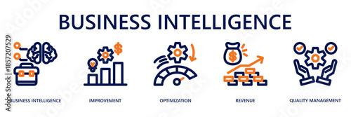 Business Intelligence Outline Web Banner Icon Vector Illustration Concept with Business Intelligence, Business Improvement, Optimization, Revenue, Quality Management Icons.