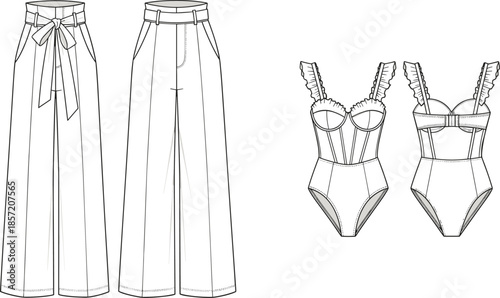 Wide leg pants fashion sketch, bodysuit technical drawing, garment design illustration, vector clothing template, stylish apparel outline, fashion flat sketch, garment construction detail