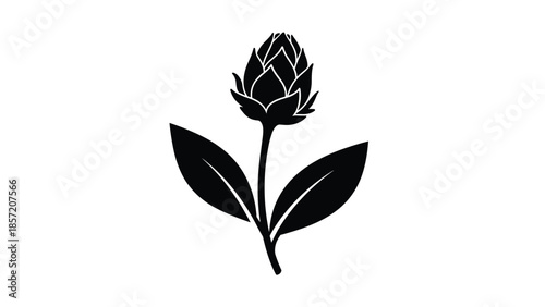 Simple black silhouette of a hop flower with two leaves on a single stem, ideal for brewery logos or beer design.
