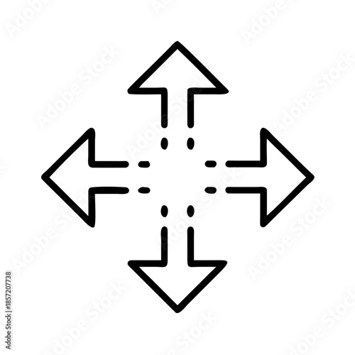 Black outline icon of arrows pointing in four directions. Perfect for UX design blogs, navigation app websites, and articles about decision-making, expansion, or logistics.