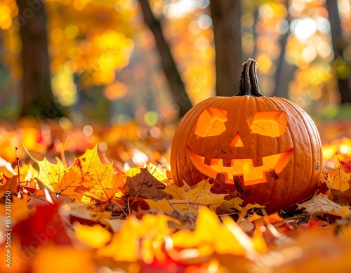 Lit pumpkin carving sits amidst fallen, colorful autumn leaves