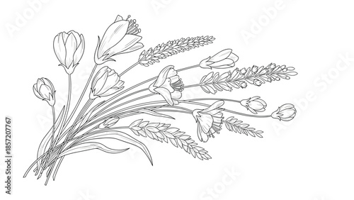 Delicate hand-drawn bouquet of spring flowers including tulips and lavender in a clean black and white line art illustration.
