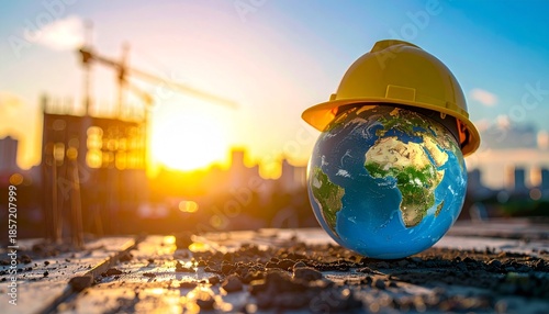 Global infrastructure and environmental protection Earth globe with a safety helmet on a vibrant construction site at sunset, symbolizing responsible development and a sustainable future