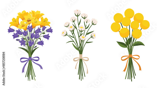 Three colorful and cheerful flower bouquets with lilies, bluebells, and craspedia, tied with ribbons, isolated on a white background.
