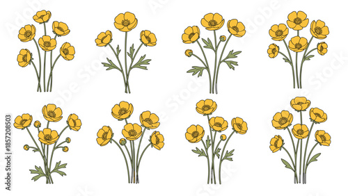 A set of eight charming hand-drawn yellow buttercup flower bouquets, illustrated in a lovely vintage sketch or doodle style.