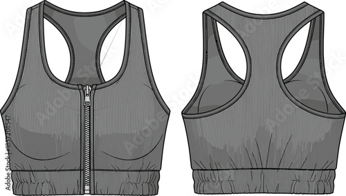 Women’s athletic sports bra vector illustration, front and back technical fashion drawing, zipper closure, racerback design, elastic band support, garment construction detail