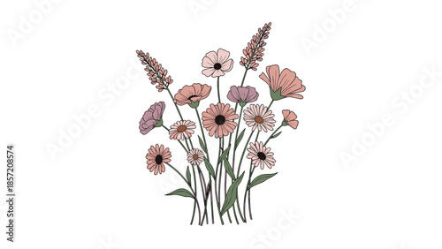 A beautiful and delicate bouquet of colorful wildflowers, including daisies and lavender, hand-drawn in a charming, rustic art style.