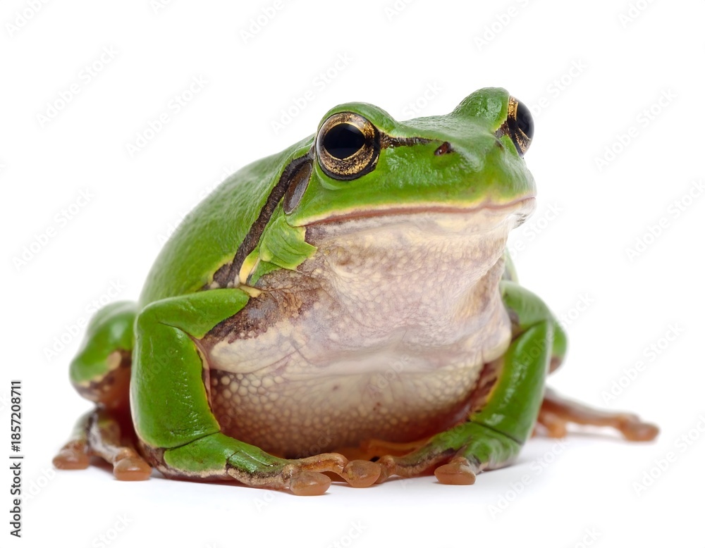 Obraz premium Green frog with dark eyes sits alert, posed against stark white background