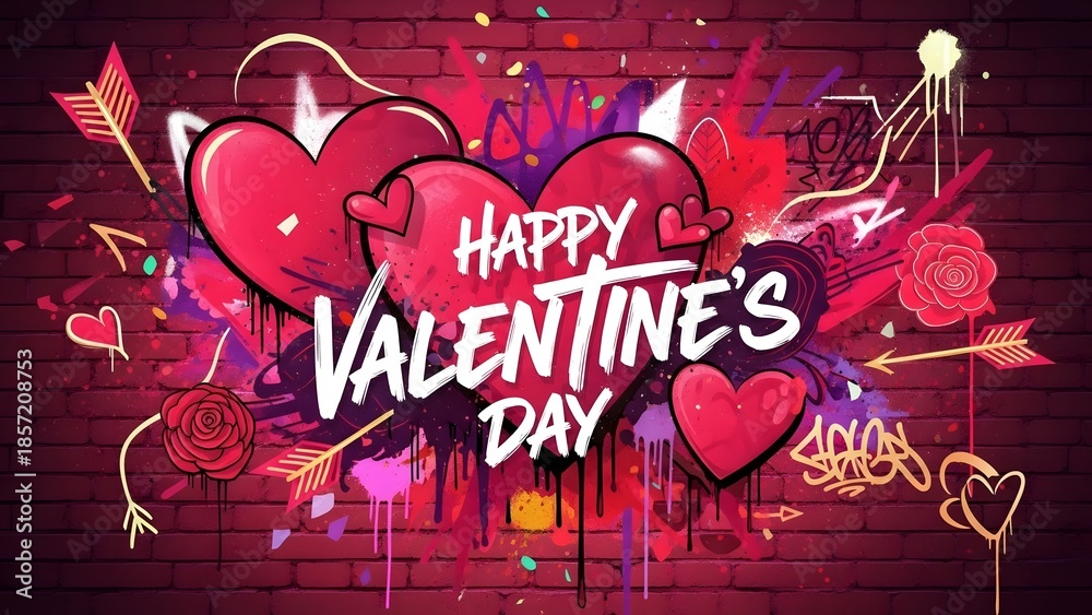 Obraz premium Happy Valentine's Day graffiti hearts on brick wall. Valentin's Day Background.