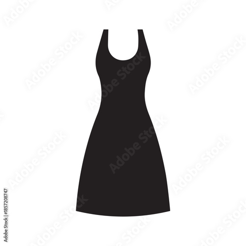 Black knee length dress or gown flat vector icon for fashion apps and websites
