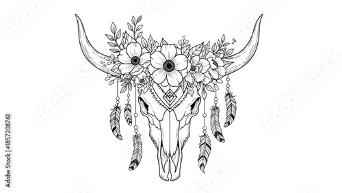 A beautiful hand-drawn bohemian illustration of a bull skull decorated with a floral crown, tribal patterns, and hanging feathers.
