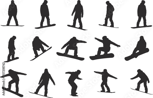 Dynamic black silhouettes of snowboarders performing tricks, jumps, and stunts in various poses showcasing winter sports action and freestyle movement