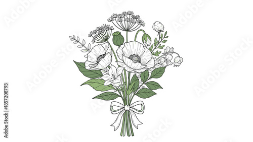 A charming hand-drawn bouquet of wildflowers including poppies and Queen Anne's lace, tied with a bow in a vintage style.