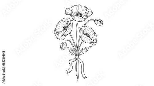 A beautiful hand-drawn bouquet of poppy flowers and buds tied with a ribbon, illustrated in a classic black and white style.