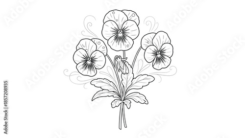 A vintage-style bouquet of pansy flowers with leaves and decorative swirls, hand-drawn in a detailed black and white outline.