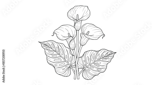 A detailed hand-drawn illustration of calla lily flowers and large patterned leaves in a classic black and white engraving style.