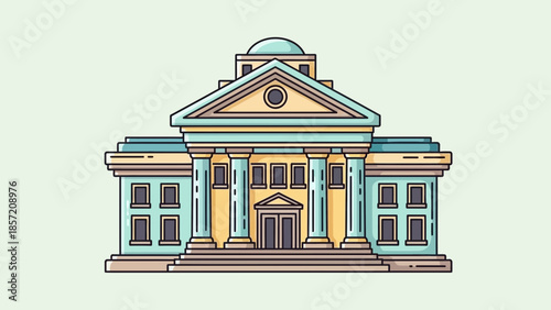 Minimalist flat line art illustration of a neoclassical bank building facade with columns, concept for financial presentation, investment planning and corporate headquarters design