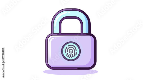 Cute cartoon style padlock with fingerprint recognition icon on white background, concept for data security app, privacy protection software and digital access control