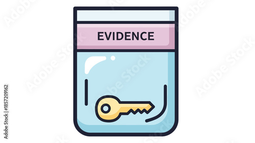 Flat icon of a sealed evidence bag containing a golden key, concept for legal presentation, security audit and intellectual property tracking