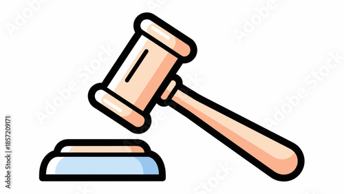Iconic gavel and sound block in cartoon style, concept for legal presentation, auction marketing and judge education