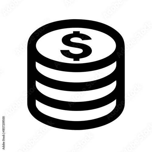 Black outline icon showing a stack of coins with a dollar sign. Use for banking websites, personal finance blogs, and articles about savings, investment, wealth, and budget management.