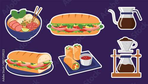 Kawaii Vietnamese food sticker set featuring pho, bánh mì, spring rolls, and Vietnamese coffee icons in flat vector style, perfect for culinary graphics, ideal for Vietnam cuisine content
