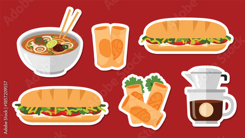 Kawaii Vietnamese food sticker set featuring pho, bánh mì, spring rolls, and Vietnamese coffee icons in flat vector style, perfect for culinary graphics, ideal for Vietnam cuisine content