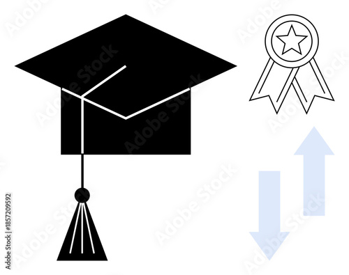 Academic success, career advancement, higher education, achievement, graduate goals, professional growth. Graduation cap, award ribbon arrows pointing upward and downward. Academic success