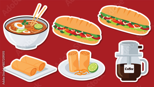 Kawaii Vietnamese food sticker set featuring pho, bánh mì, spring rolls, and Vietnamese coffee icons in flat vector style, perfect for culinary graphics, ideal for Vietnam cuisine content