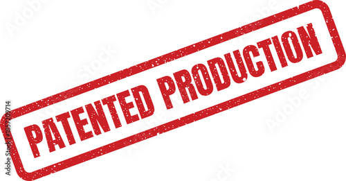 Red grunge rubber stamp impression with text PATENED PRODUCTION indicating intellectual property status for manufacturing processes