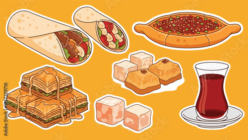 Cute Turkish kebab kawaii sticker pack in modern flat vector style. A lively world cuisine illustration ideal for menus, branding, packaging, and digital sticker sets