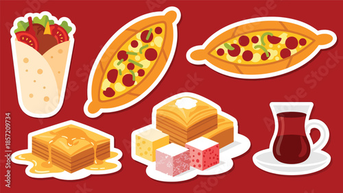 Cute Turkish kebab kawaii sticker pack in modern flat vector style. A lively world cuisine illustration ideal for menus, branding, packaging, and digital sticker sets