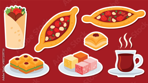 Cute Turkish kebab kawaii sticker pack in modern flat vector style. A lively world cuisine illustration ideal for menus, branding, packaging, and digital sticker sets